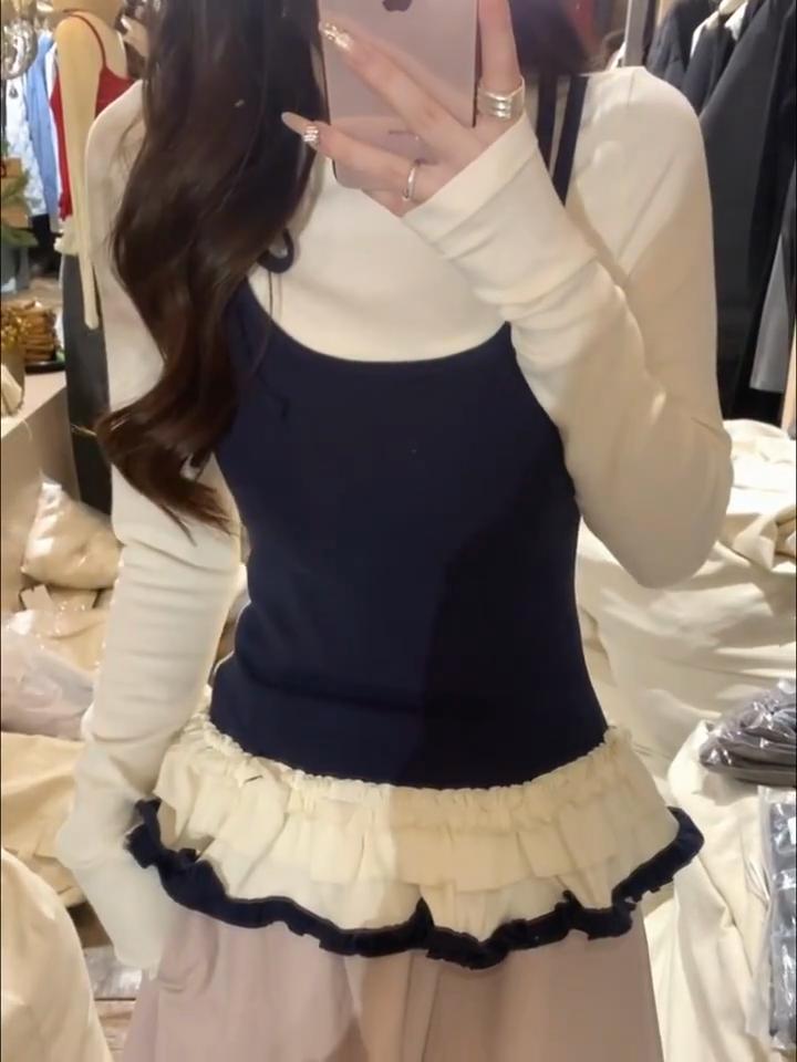 Корейские женские футболки Fake Two Chic Tees Длинные рукава О-образный вырез Оборки Милые майки Бандаж Повседневные футболки Y2k