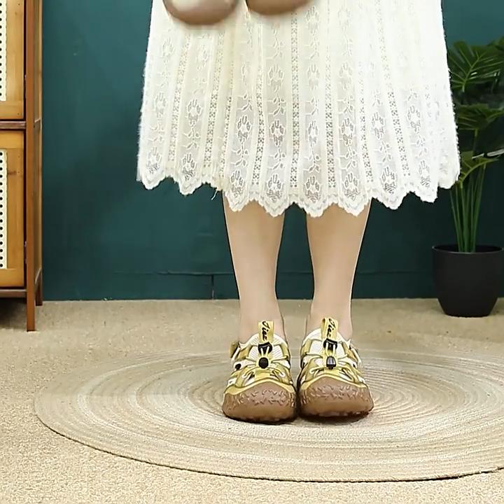 Johnature Retro Round Toe Breathable Mesh Sports Sandals Genuine Leather Lightweight Women's Shoes