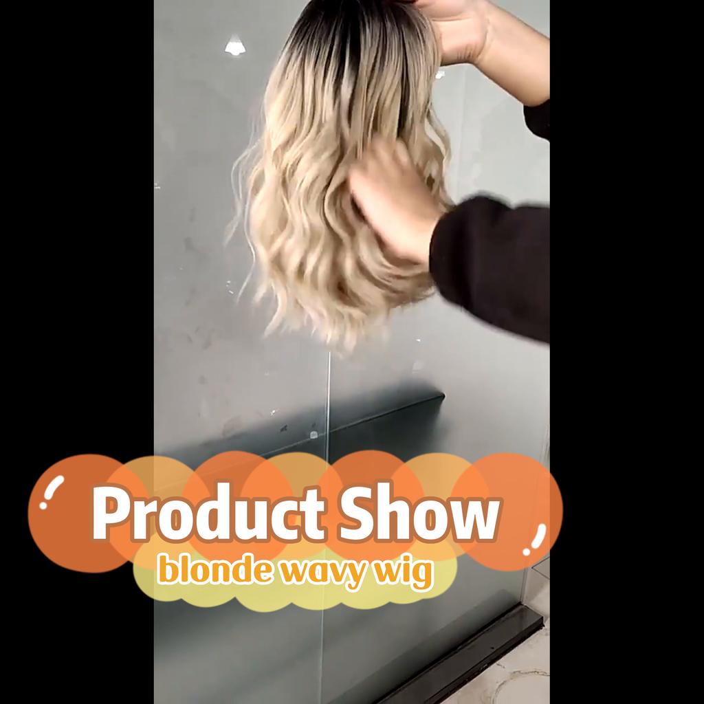 XINRAN Synthetic Short Amber Gold Wig Wave Wave Wave Hair with Air Bangs Female Synthetic Curly Hair Soft Wave Wig Suitable for Girl