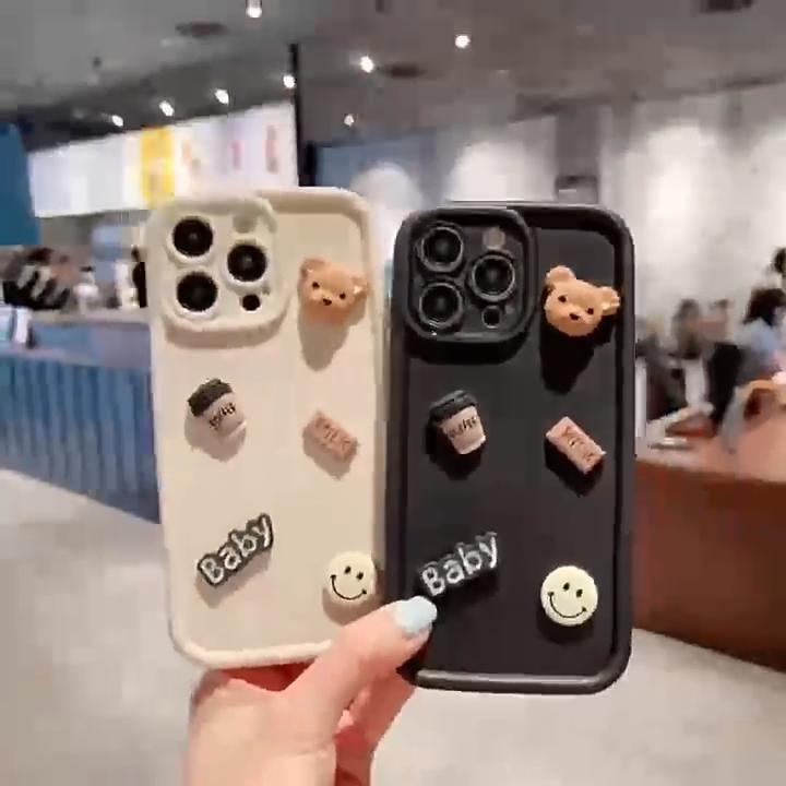 Чехол для телефона с милым 3D медведем, кофе, молоком, конфетами, жидкостью, для iPhone 11 13 12 14 15 Pro Max XR XS 7 8Plus SE 2020 Max, чехол с корейским мультяшным рисунком