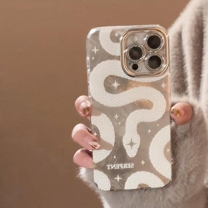 Роскошный серебристый чехол для телефона со змеиным принтом для iPhone 16 15 14 13 12 11 Pro Max, защитная задняя крышка для объектива