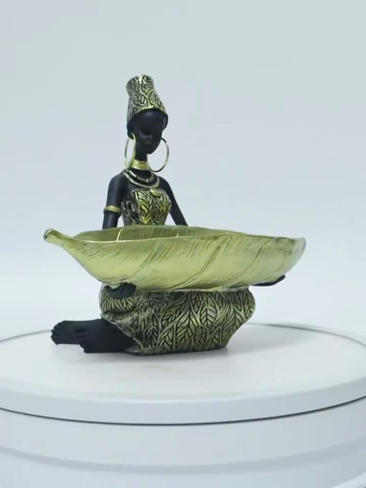 Африканская девочка, держащая тарелку, скульптура, декоративный органайзер для дома и офиса, винтажный коллекционный предмет ручной работы, декор для стола