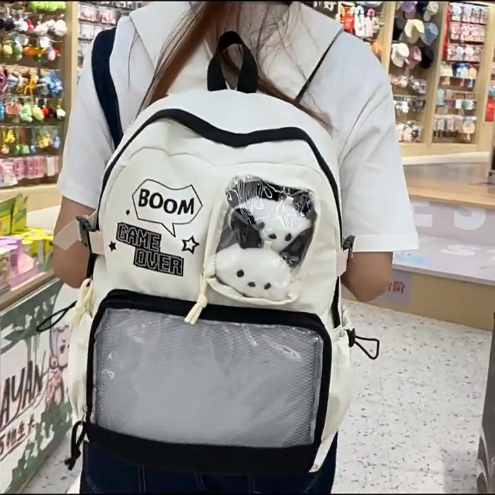 Школьный рюкзак легкий нейлоновый с принтом из букв и прозрачным слоем для подростков