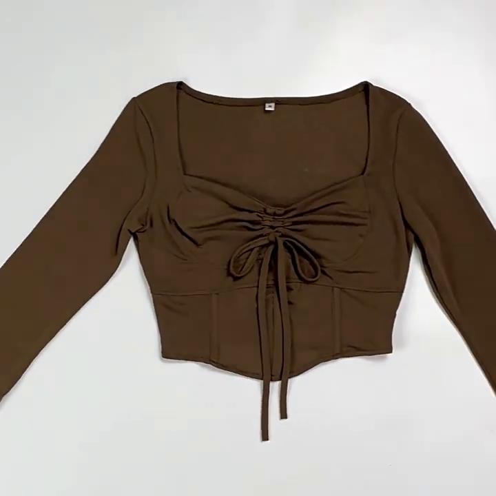 Женская футболка с завязками, узкие расклешенные топы с длинными рукавами, винтажная женская футболка с v-образным вырезом, повседневная одежда