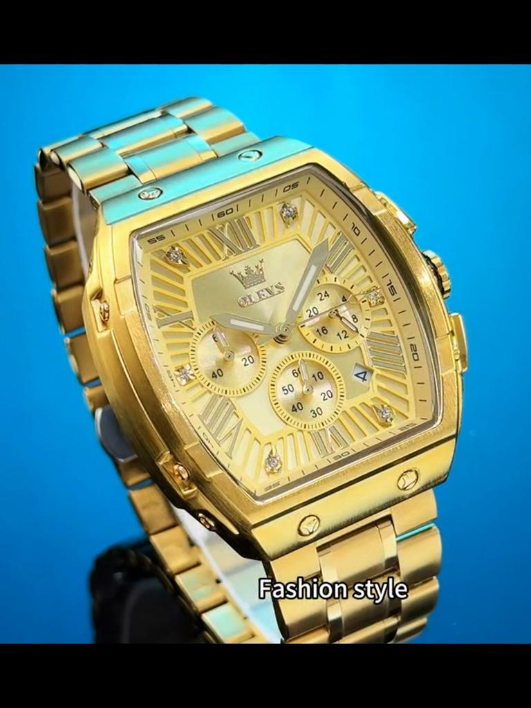 Tonneau Chronograph Men's Watches 30m Waterproof Quartz Original Wristwatch Stainless Steel Luminous Watch