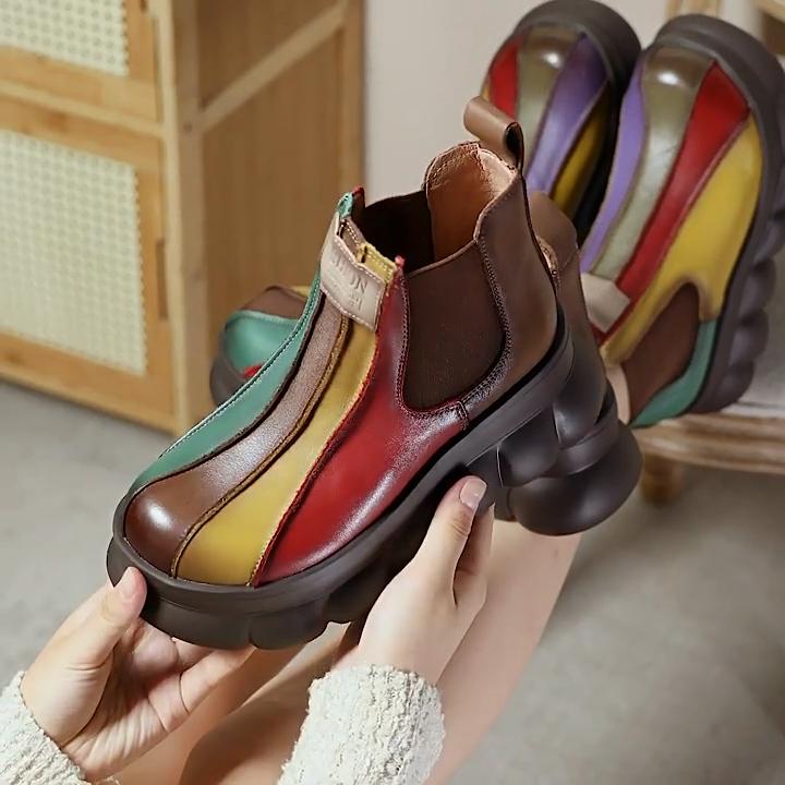 Johnature Rainbow Genuine Leather Short Boots Chelsea Wedge Heel Thick Soled Waterproof Women's Boots