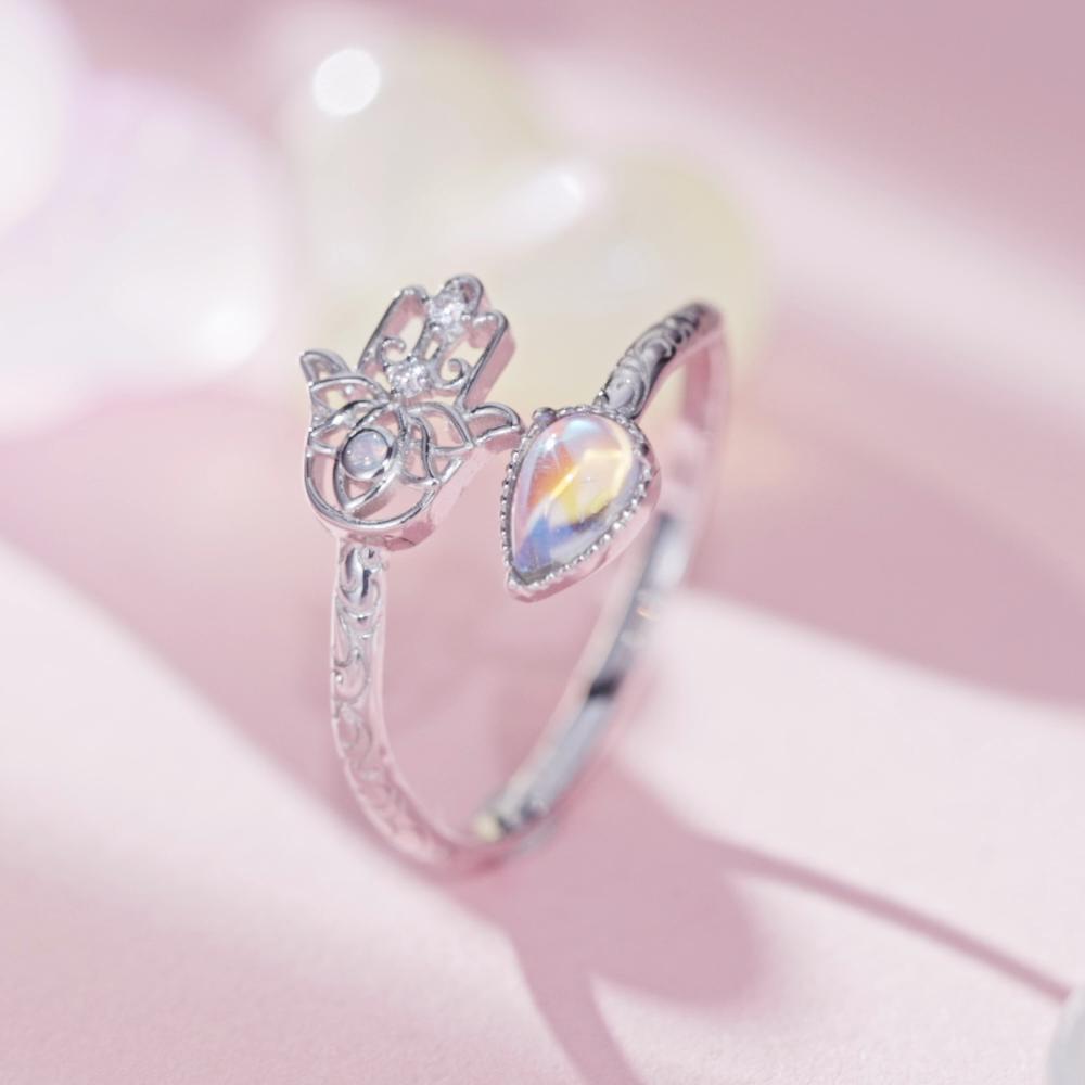 BAMOER, стерлинговое серебро 925 пробы, счастливая рука Фатимы, открывающееся кольцо, Радуга, лунный камень, слеза, штабелируемые кольца, вечерние ювелирные изделия, подарок