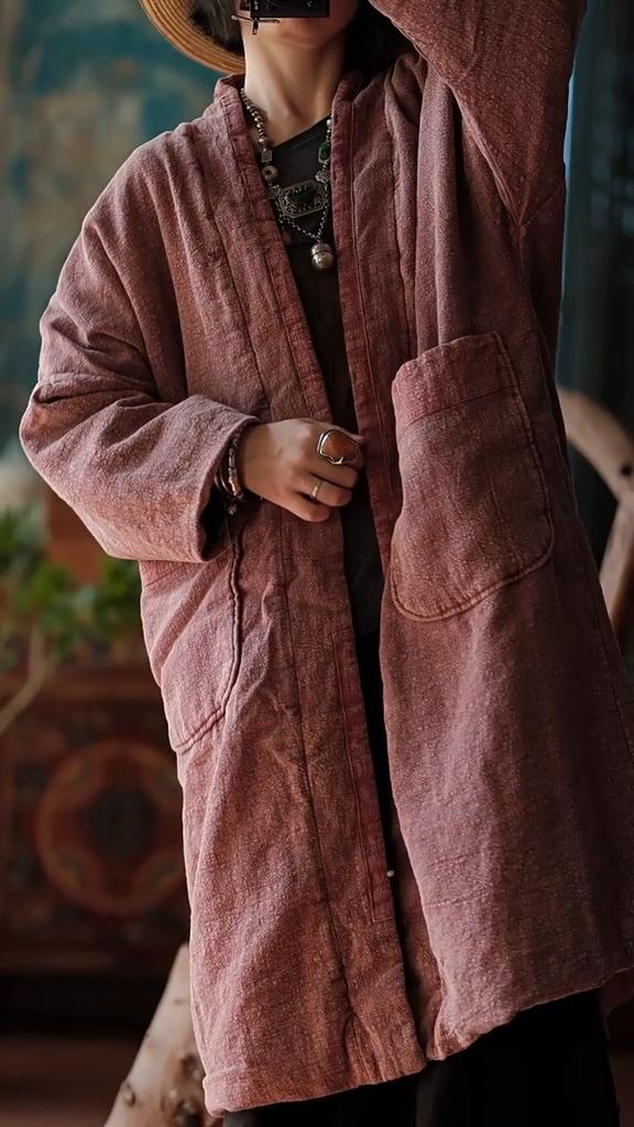 Johnature Women Vintage Cotton Linen Parkas Patchwork Pockets Loose Winter Coats Long Sleeve Plus Cotton Long Parkas