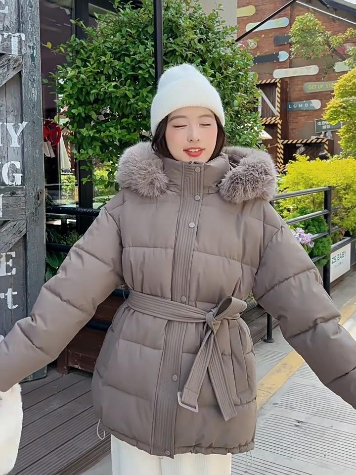 Большая меховая воротниковая куртка из хлопка с поясом для женщин Зимнее приталенное толстое милое пальто