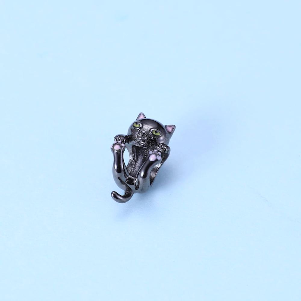 WOSTU 925 Sterling Silver Synthetic Enamel Black Cartoon Cat Charm Beads for Original 3mm Bracelets & Necklaces