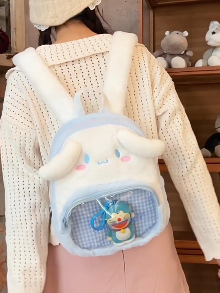 Cute Hello Kitty Kuromi Cinnamoroll My Melody Checkered Pattern Plush Backpack For Leisure Trips