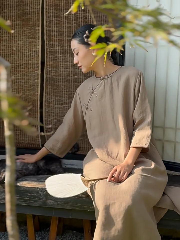 Johnature Женские платья в китайском стиле с круглым вырезом и девятью рукавами, однотонные, весенние, на пуговицах, винтажные, свободные, А-силуэта