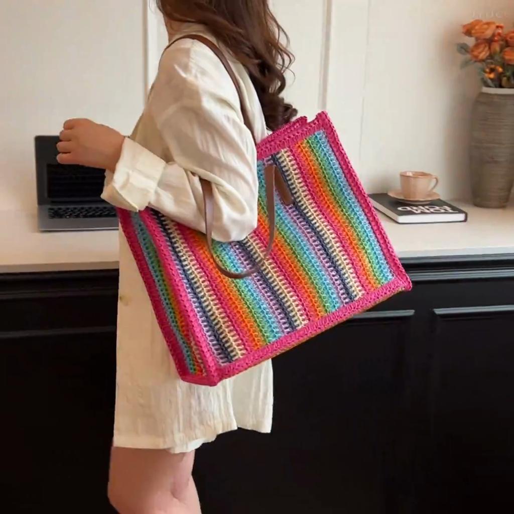 Stripe Big Straw Tote Bags for Women 2024 Summer Fashion Summer Shoulder Bags Handbags and Purses Weave Beach Bag