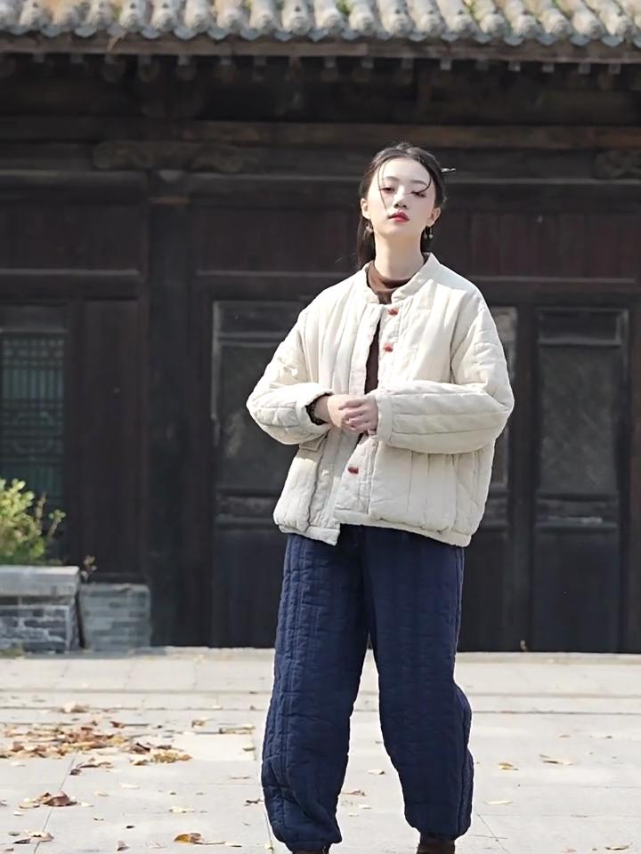 Johnature Women Vintage Linen Parkas Stand Long Sleeve Button Plus Cotton Warm Coat Winter Solid Color Chinese Style Parkas