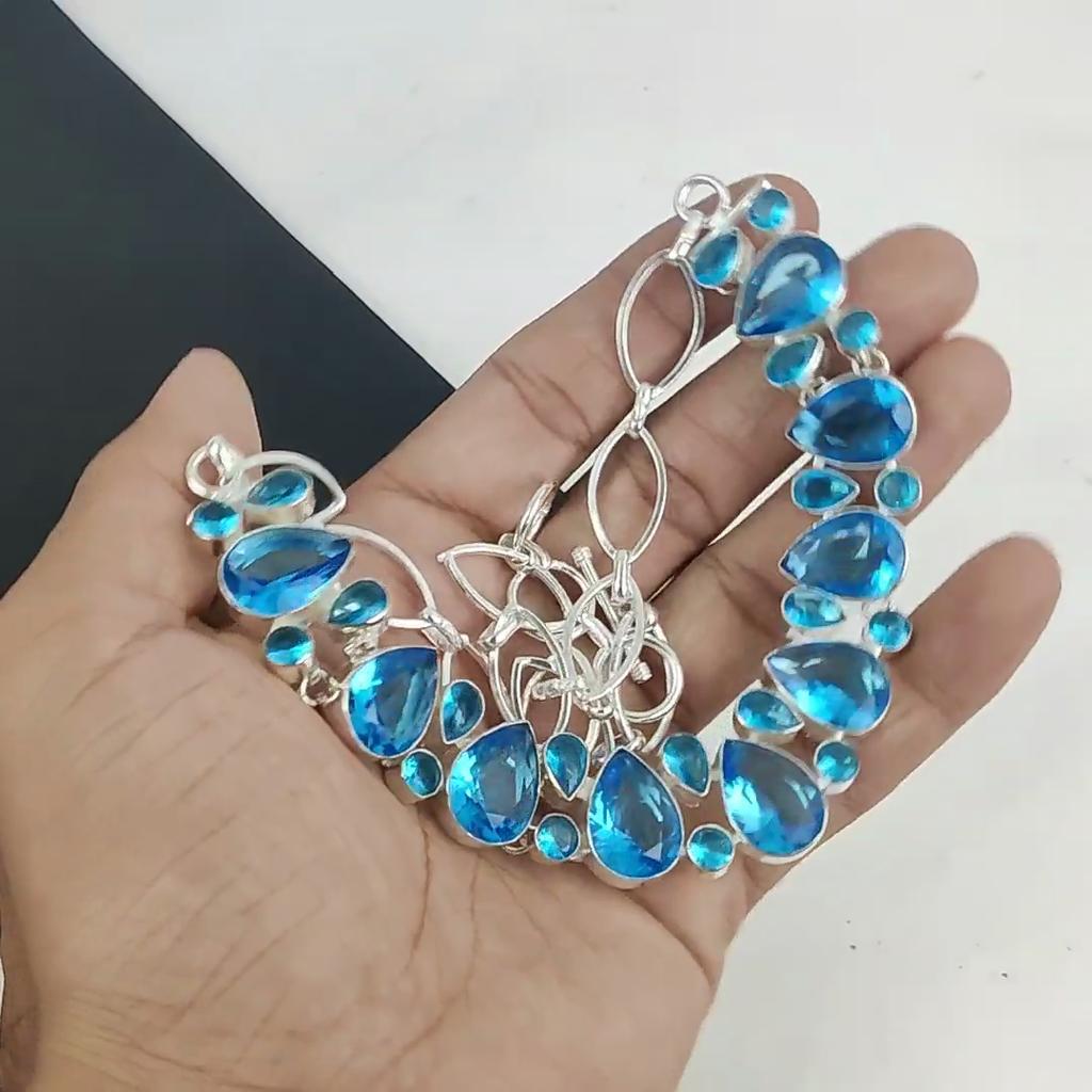 Красивое ожерелье из серебра 925 пробы с голубым топазом, ручная работа, серебряное ожерелье с голубым топазом для жены, ожерелье унисекс, подарок на Рождество