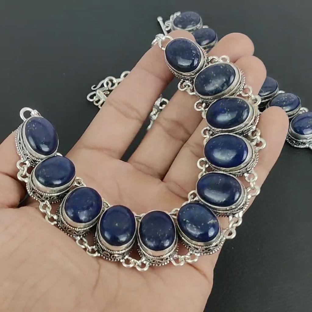 Blue Sapphire Gemstone Handmade 925 Sterling Silver Jewelry Neclace Bracelet Set, Antique Jewelry Set, Wedding Gifts Bracelet For Easter Gift