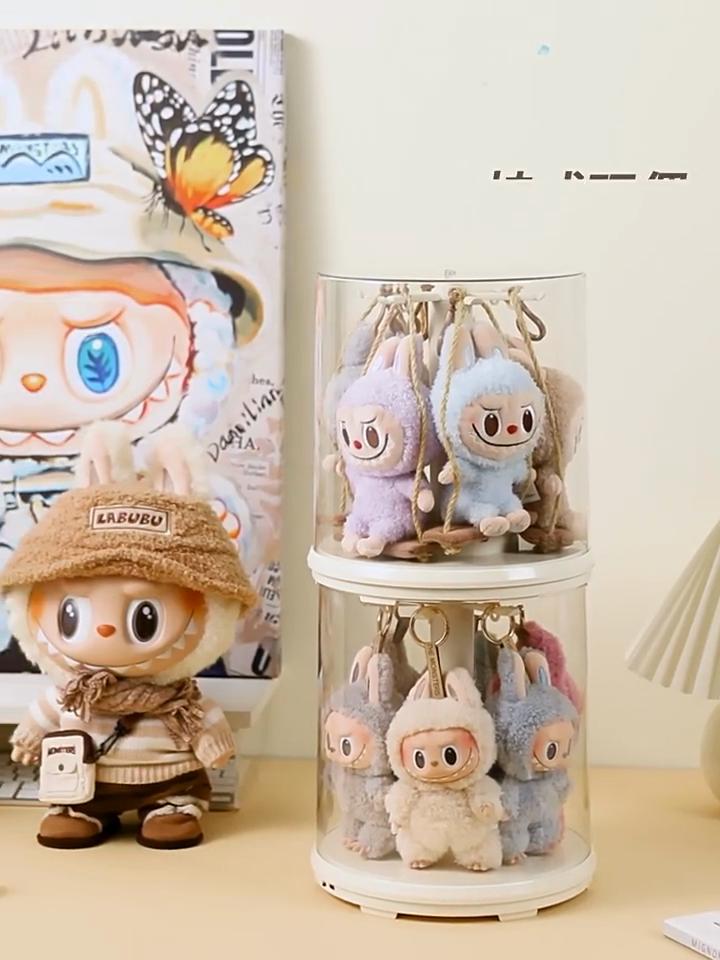 Labubu Display Case Transparent Rotating Storage Stand For Plush Dolls Blind Box Collection Clear Acrylic Organizer