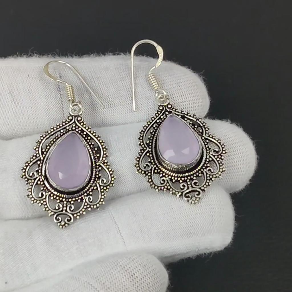 Серьги из розового кварца, серьги с драгоценными камнями, старинные серебряные серьги с драгоценными камнями из розового кварца, ювелирные изделия из цельного серебра 925 пробы, серьги с драгоценными камнями для нее