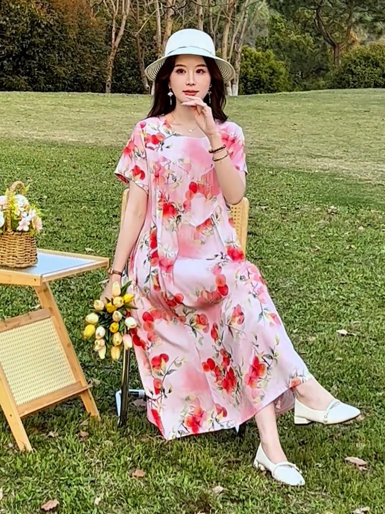 Плюс Размер Элегантные Женские Летние Платья Винтажная Одежда Короткие Рукава Свободные Длинные Платья