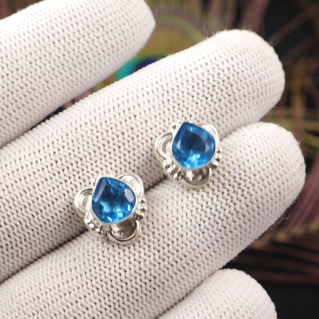 Swiss Blue Topaz Gemstone Earrings 925 Fine Silver Handmade Jewelry For Bridal EE-159-13