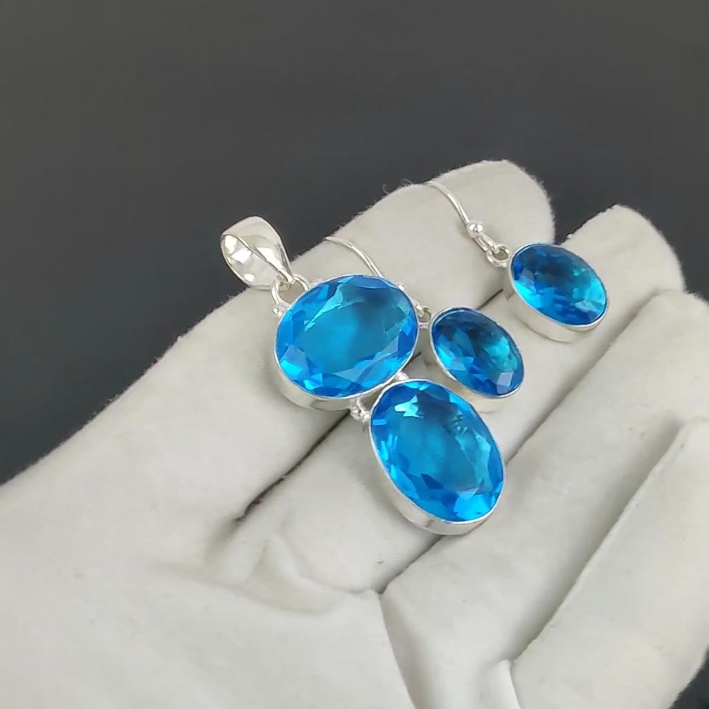 Комплект подвесок Siwss Blue Topaz, комплект серег и подвесок Siwss Blue Topaz Gemstone, ручная работа, серебро 925 пробы, для женщин, подарок на день рождения