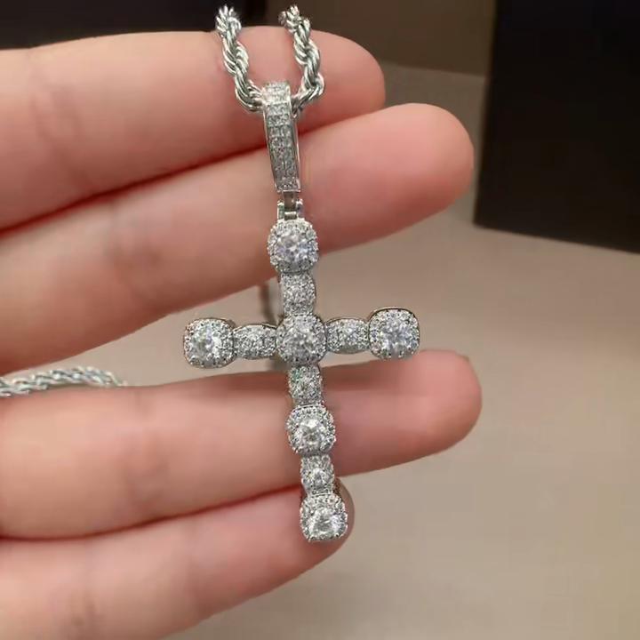 Iced Out Cross Pendant Necklace Moissanite Hip Hop Copper Jewelry For Men Women