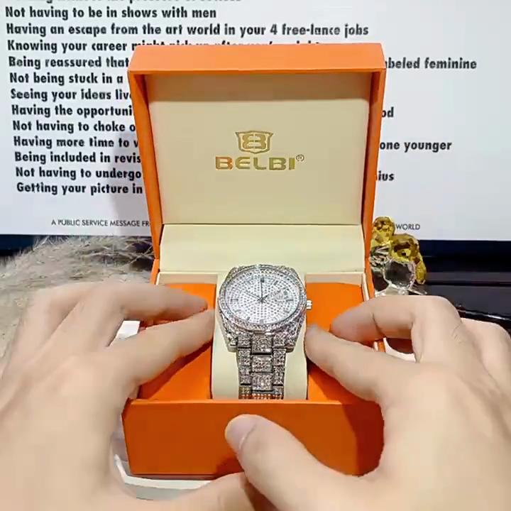 Часы-платье со стразами Искрящиеся аналоговые часы с покрытием «iced out» и календарем Светящиеся стрелки Водонепроницаемые часы для мужчин и женщин