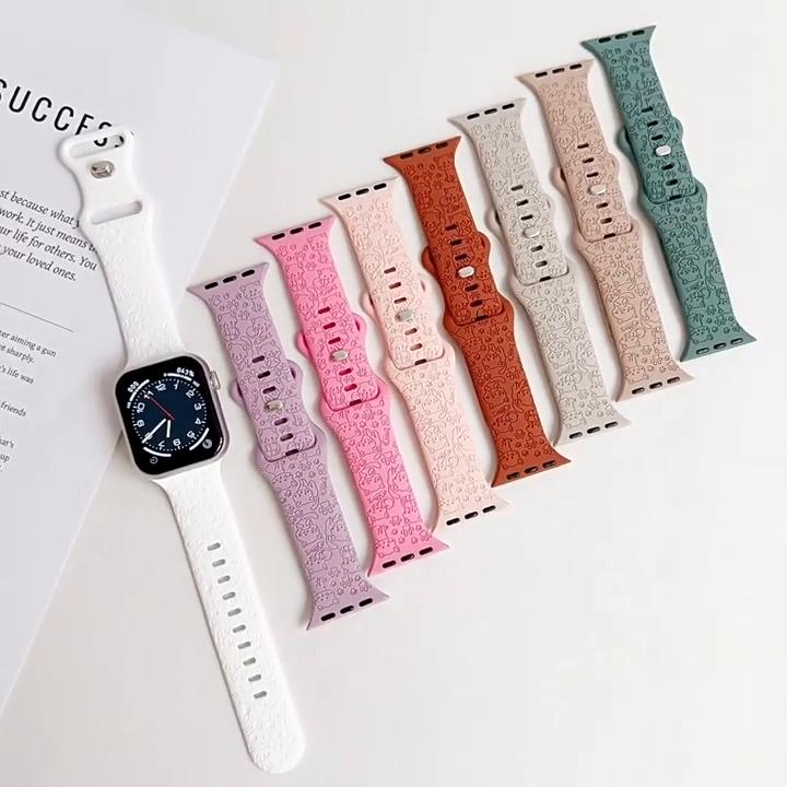 Подходит для яблока, милого кота, собаки, дыни, резьбы, силиконовый ремешок для часов Apple Watch8/SE/7/65