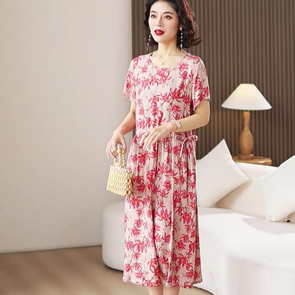Plus Size Elegant Long Dresses for Women Loose Short Sleeve Vintage Dress Female