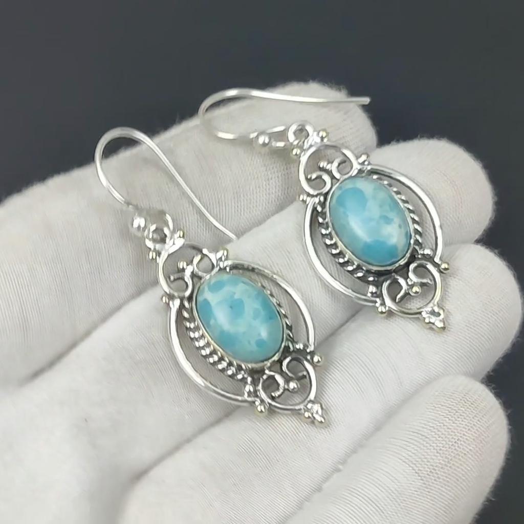Серьги из натурального ларимара, серебряные серьги ларимар, серьги с овальным камнем ларимар, серьги из стерлингового серебра 925 пробы, серьги с драгоценными камнями, серьги с подвесками