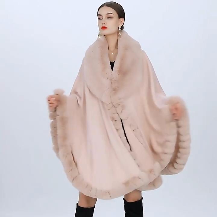 16 Colors Women String Rabbit Fur Collar Outstreet Wear Winter Thick Poncho Cardigan Long Cloak Big Pendulum Loose Shawl Coat