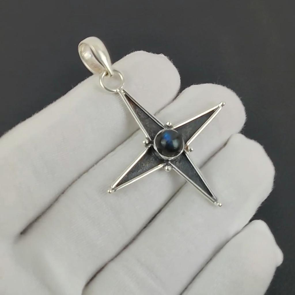 Серебряный кулон с натуральным лабрадоритом, блестящим синим драгоценным камнем, из стерлингового серебра 925 пробы — дизайн звезды ручной работы, повседневные украшения, уникальные дизайнерские кулоны