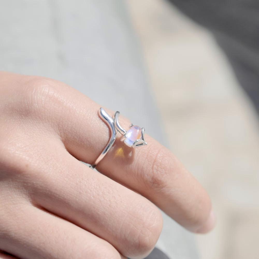 Женское регулируемое кольцо BAMOER из стерлингового серебра 925 пробы с элегантным лунным камнем и лисой, ювелирные украшения