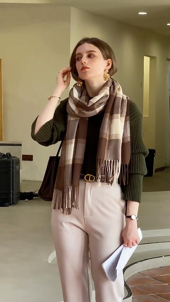 Women Scarf Winter Plaid Tassel Shawl Warm