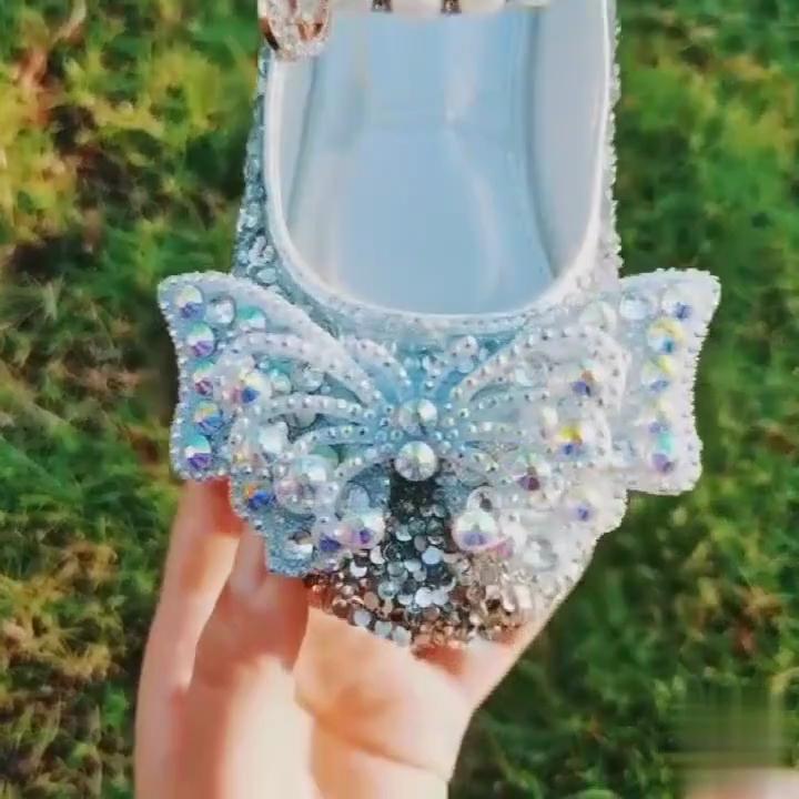Korean Style Rhinestone Big Bow Girl Princess Shoes Beaded Crystal Children's Shoes Soft Sole Leather Shoes