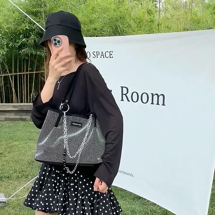 Yogodlns Luxury Rhinestone Bucket Tote Bag Women Fashion Large Capacity Handle Shopping Shoulder Bag