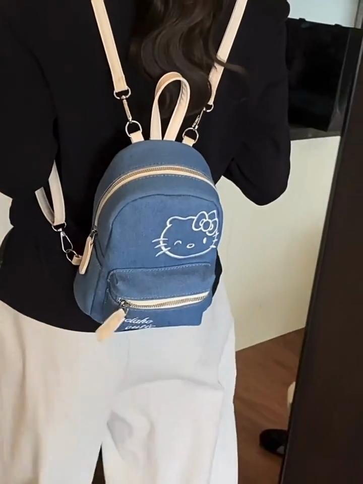 Hello Kitty Embroidered Denim Backpack With Zipper Closure For Casual Outings