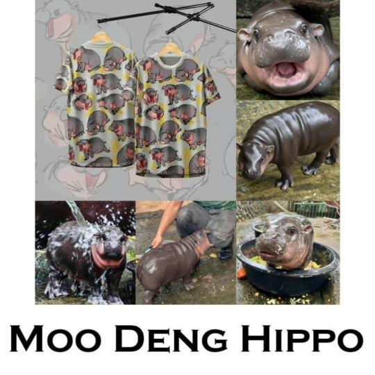 Moo Deng Tiny Baby Hippo Star Thailand Cute Pygmy Hippo Unisex Men Women Kid T-Shirt Sport Print Short Sleeve Round Neck