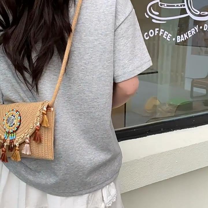 Handmade Seagrass Bag Small Shoulder With Suede Tassels For Women