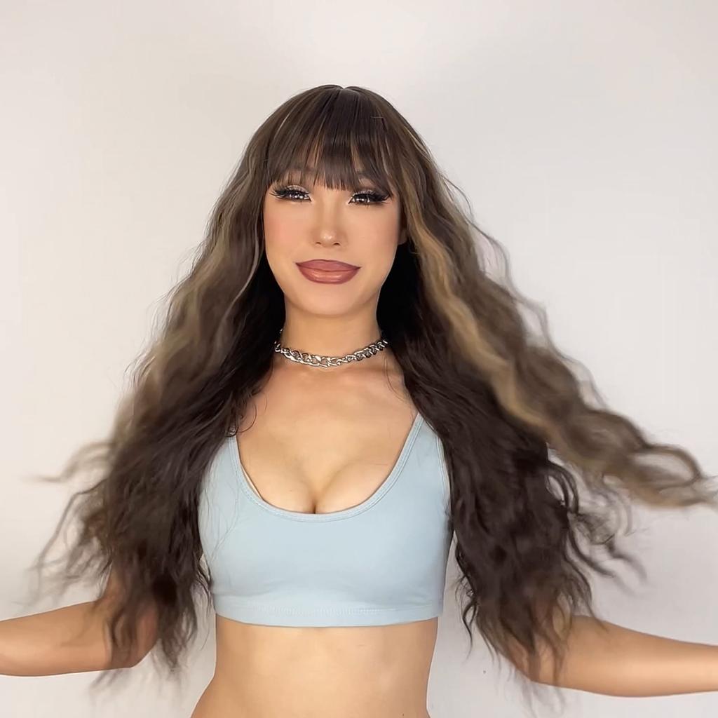 LISI HAIR Orange Color Women Fashion Long Wavy Wig with Bangs Synthetic Fiber Women Daily Wear Cosplay Wavy Wig