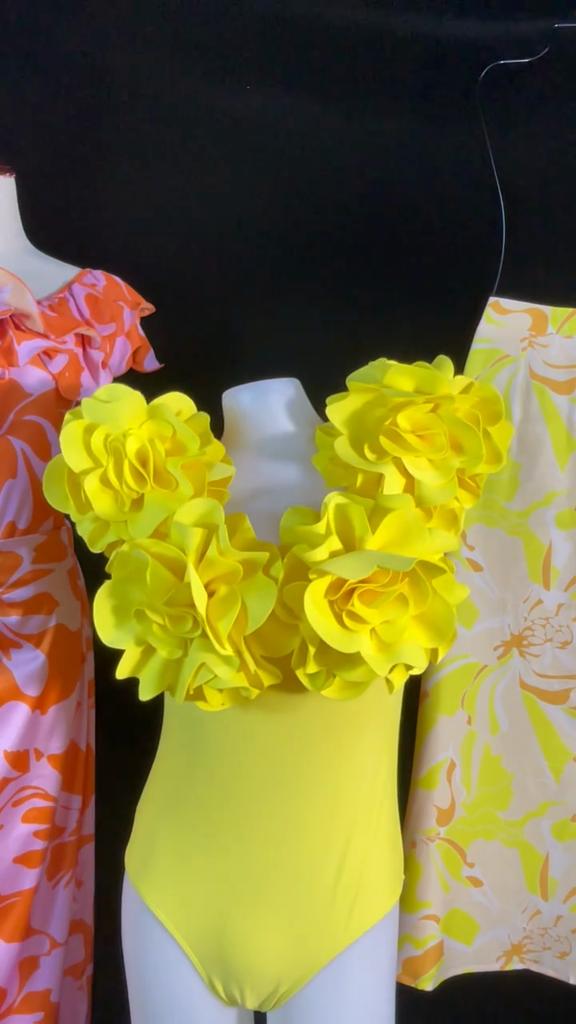 2024 New Vintage 3D Flower Decor Yellow One Piece Swimsuit Swimwear Women Beachwear Luxury Bathing Suit