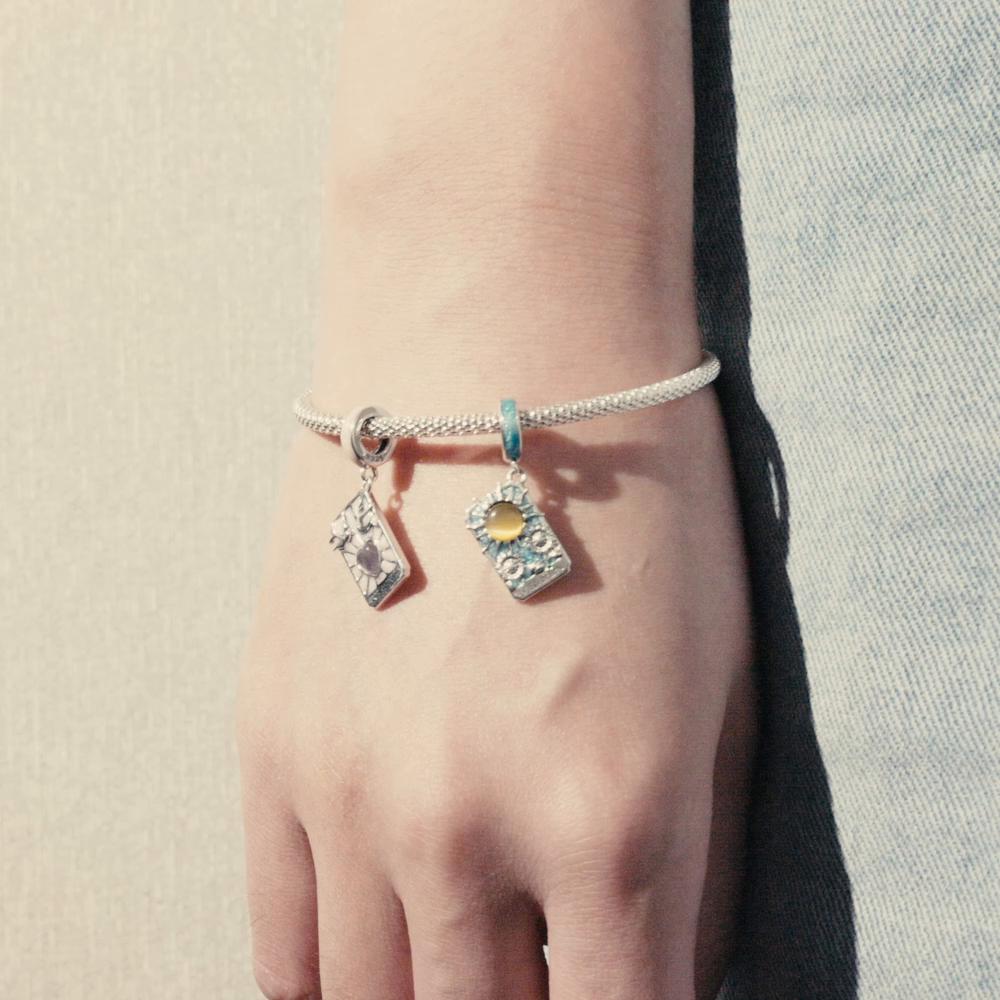 WOSTU 925 Sterling Silver Tarot Cards Lovers Charm Pendant for Women Pink Enamel Heart Lovebirds Charm Fit Original DIY Bracelet Jewelry