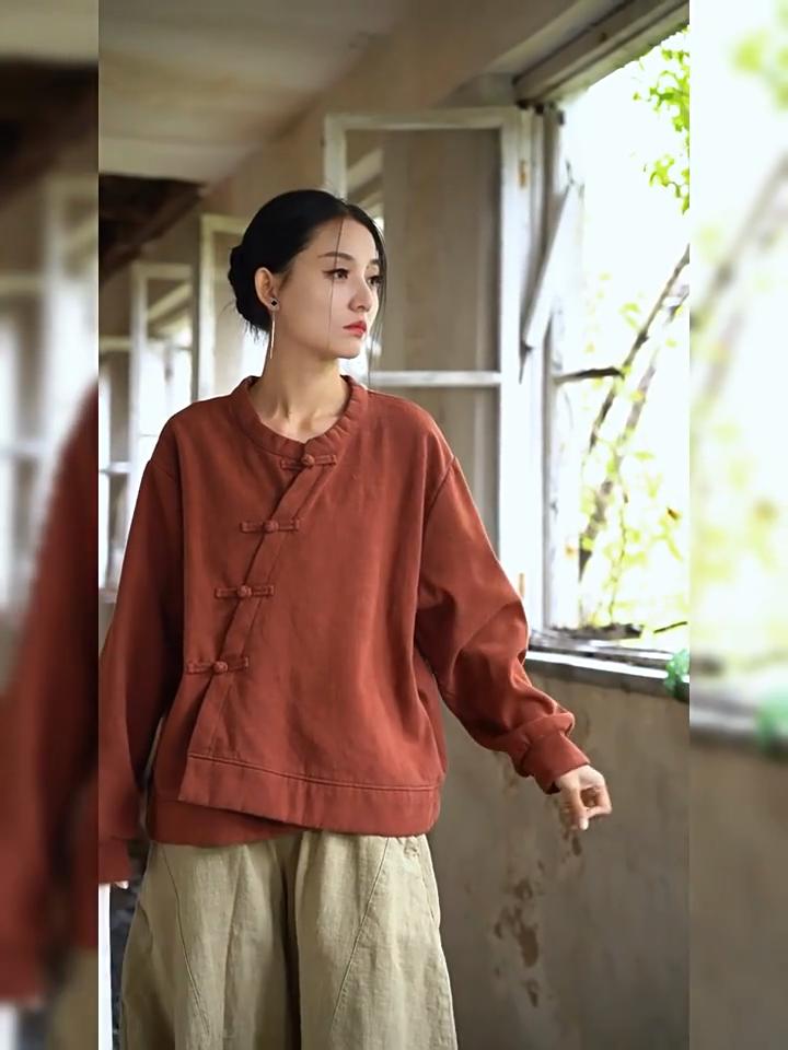 Johnature Women Chinese Style O-Neck Long Sleeve Warm Cloths Winter Solid Color Loose Tops