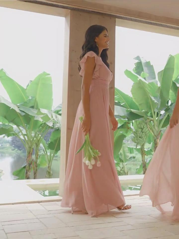 Ever-Pretty Women's A-Line V Neck Pleated Belted Ruffles Sleeves Open Back High Waist Bridesmaid Dresses