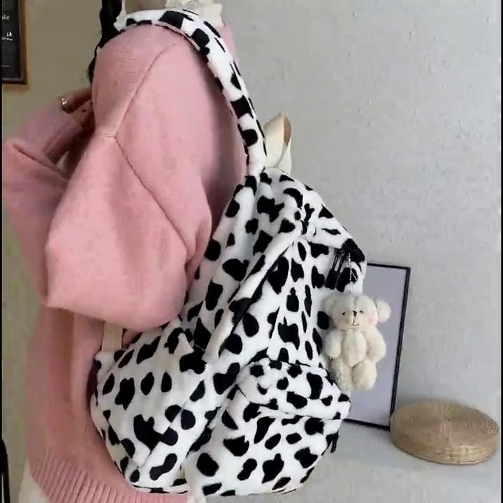 Yogodlns Модный плюшевый рюкзак для женщин, большая вместительная школьная сумка для девочек, милый рюкзак с коровьим узором, новый зимний дорожный рюкзак
