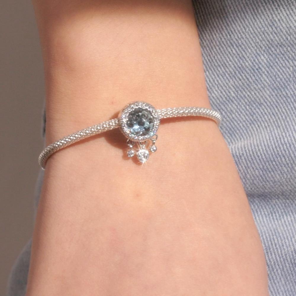 BAMOER 100% стерлинговое серебро 925 пробы с подвесками в форме сердца, сияющие хрустальные бусины с фианитами, подходят для женщин, браслеты с подвесками