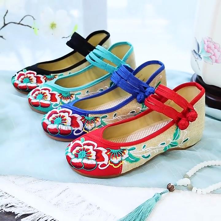 Chinese Embroidered Hibiscus Flowers Cloth Shoes Women's Shoes and Linen Tendon Soles
