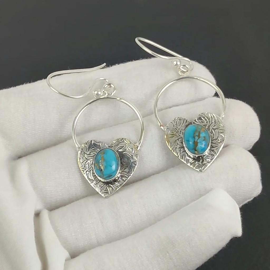 Серьги в форме сердца из натурального медно-бирюзового камня, серьги из стерлингового серебра 925 пробы, серьги-подвески из серебра ручной работы в стиле бохо, подарок из ваты