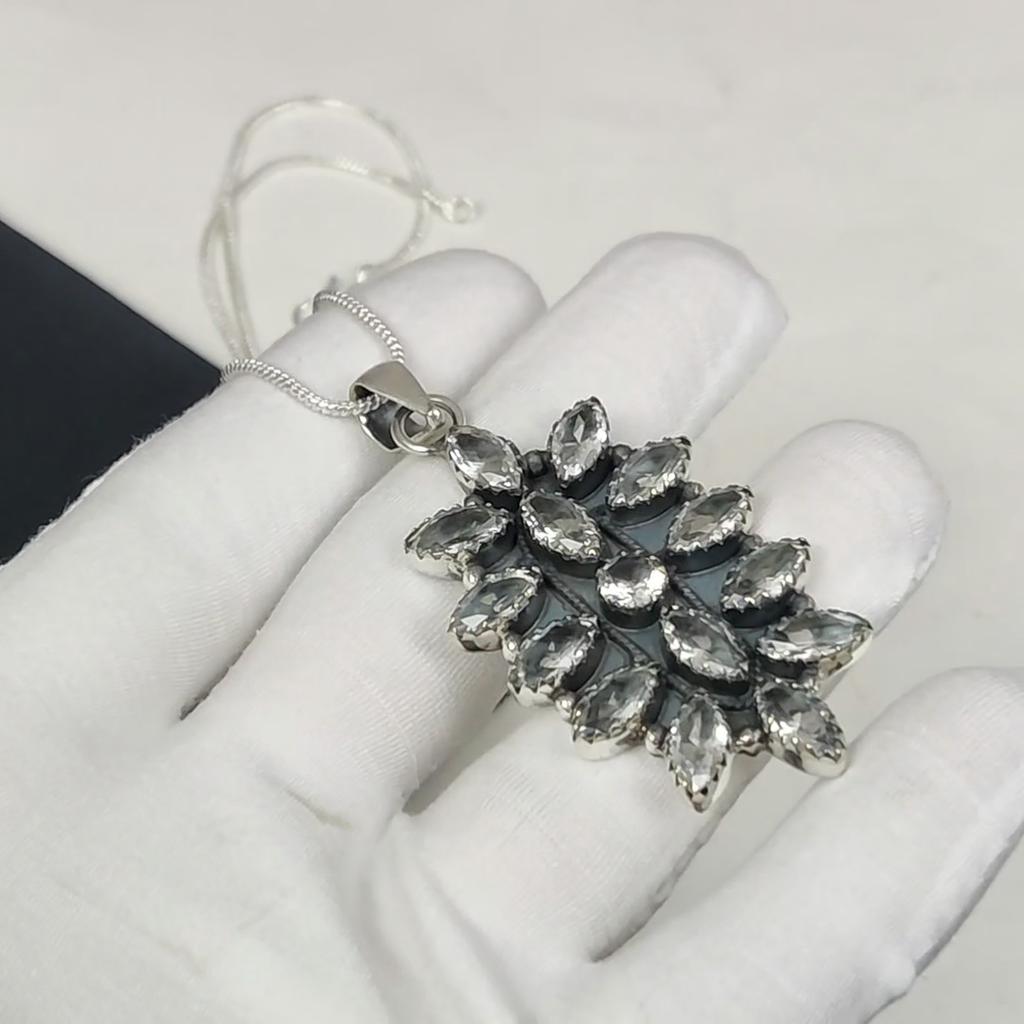 White Topaz Gemstone Handmade 925 Sterling Silver Electroform Flower Necklace, White Topaz Silver For Wife Unisex Pendant Gift For Mom