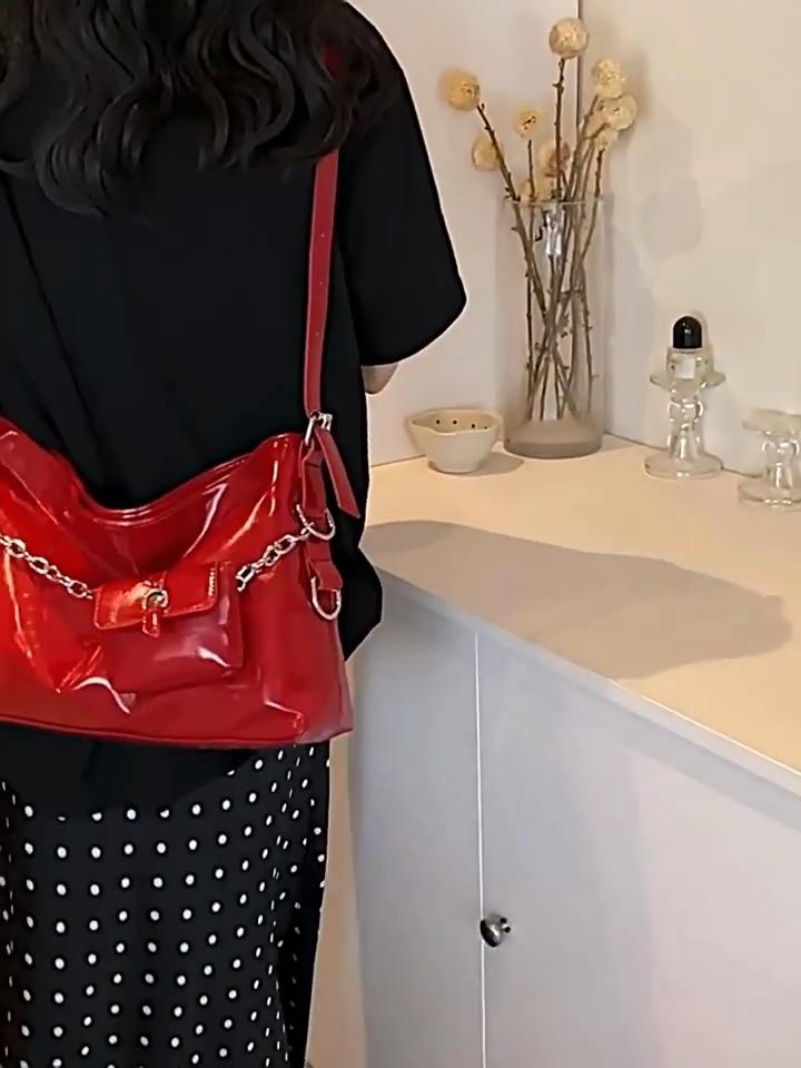 Women PU Leather Chain Decor Handbag Large Capacity Silver Shoulder Crossbdoy Bag With Mini Purse